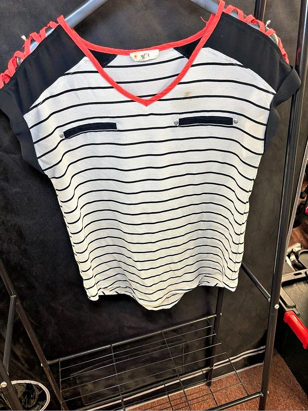 MINE Striped Short Sleeve Top in White & Black Size Small
